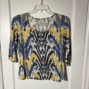Chico's 2 Women's Blue and Yellow Patterned Top Large 3/4 Sleeve Lightweight L